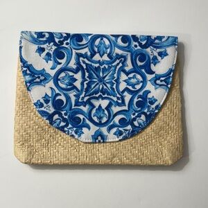 Dolce & Gabbana Blue and Natural Straw Tile-Print Clutch